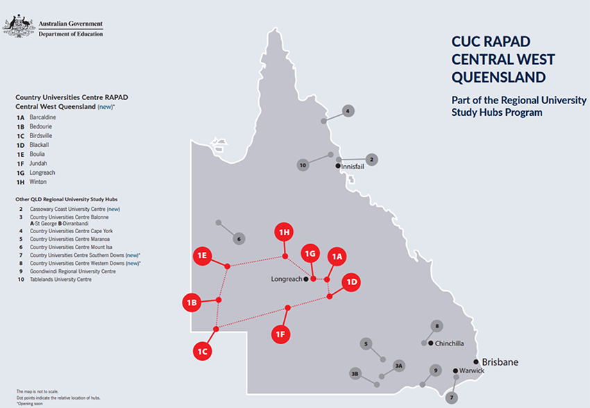 Map of Queensland showing the Country Universities Centres and University Study Hubs