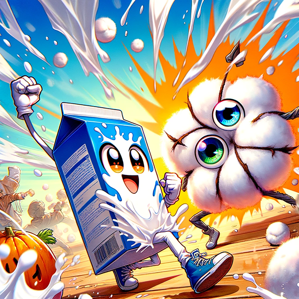 Anime-style, a personified milk carton in a victorious pose, won a fight against a personified cotton ball