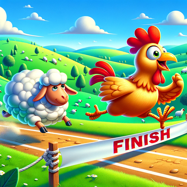 Chicken winning a race against a sheep. Whimsical and colorful scene, set in a countryside landscape with a clear blue sky.