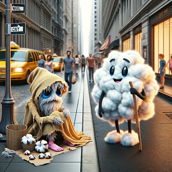 City street scene where personified cotton is sad and dirty, begging on the sidewalk, while a personified ball of wool looks on with a smile.